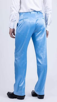 Mens Shiny Stretch Pants Solid Color Slim Fit Sateen Flashy Metallic Slacks in Color "Sky Blue"