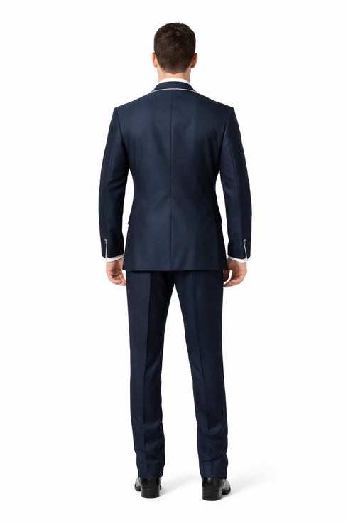 Western Suit - Cowboy Tuxedo With Trim Collar - Slim Fitted Jacket And Pants - Blue and White Tuxedo