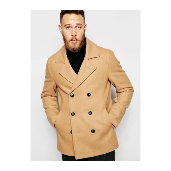 Mens Peacoat Slim Fit - Fitted Wool Peacoat - Slim Cut -Camel