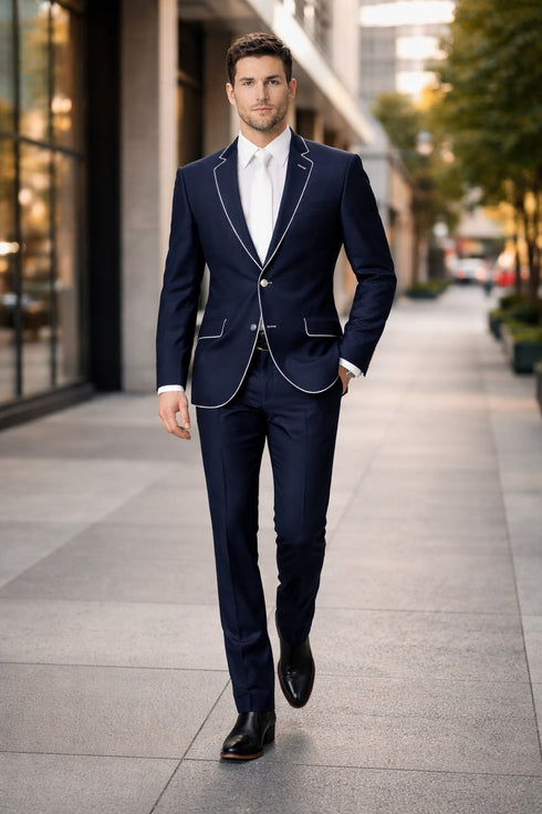Western Suit - Cowboy Tuxedo With Trim Collar - Slim Fitted Jacket And Pants - Blue and White Tuxedo