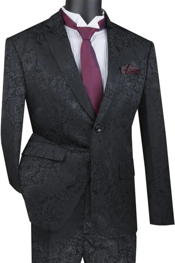 Men's Slim Fit Shiny Paisley Prom & Wedding Suit In Black