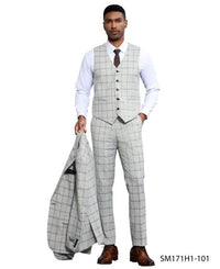 Stacy Adams Men's 3 Piece Hybrid Fit Suit - Twin Lined Windowpane