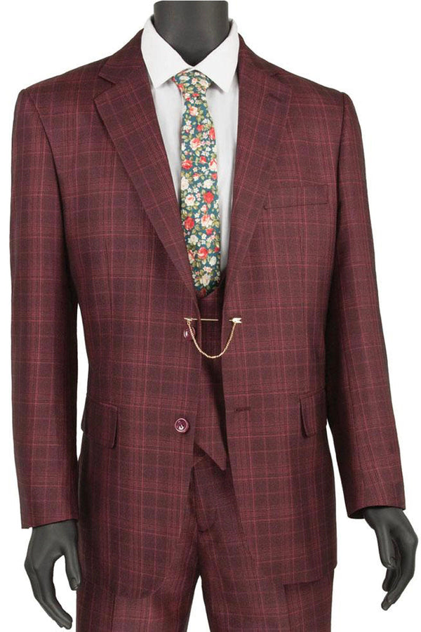 Mens Classic Fit Low Cut Vest Glen Plaid Suit in Burgundy