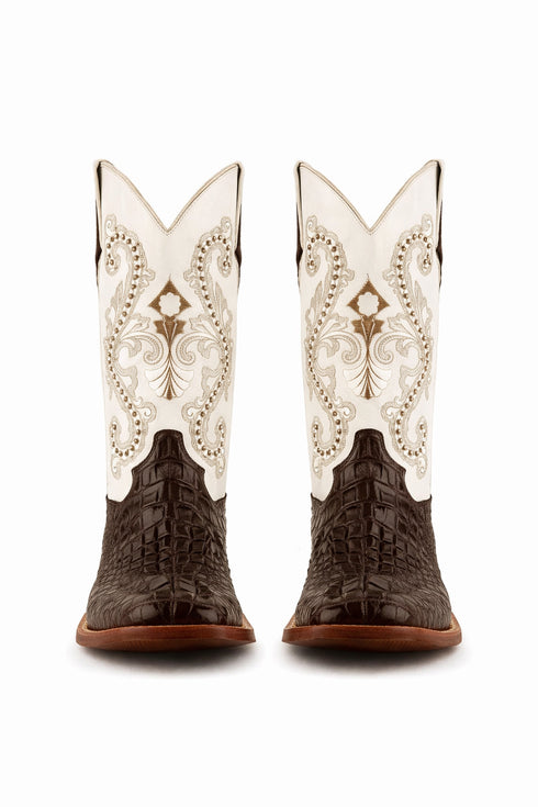 Ferrini Women's Rancher Square Toe Boots Crocodile Print - Chocolate/White 9049309