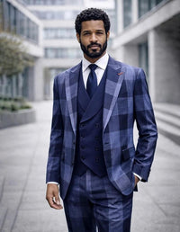 Statement Men's Big Plaid Wool Peak Lapel Modern Fit Suit 3 Piece Navy Venus