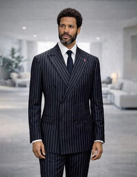 Statement Mens Modern Fit 2 Piece 100% Super 200s Wool Pinstripe Suit – Double Breasted Peak Lapel