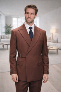 Statement Mens Modern Fit 2 Piece 100% Wool Suit – Double Breasted Jacket with Metal Buckle Closure