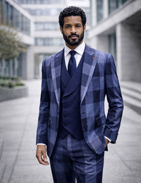 Statement Mens Modern Fit 3 Piece 100% Super 200s Wool Large Checker Suit – Double Breasted Vest