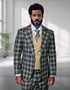 Statement Mens Modern Fit 3 Piece 100% Wool Plaid Suit – Wide Peak Lapel, Double Breasted Vest