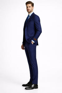 Mens Peak Lapel Modern Fit - No Pleated Pants Designer Brand Navy 3 Piece Vested Suit