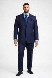 Mens Peak Lapel Modern Fit - No Pleated Pants Designer Brand Navy 3 Piece Vested Suit