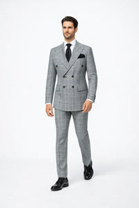 Suits With Baggy Pleated Pants - Wide Leg Pants 100% Wool - Classic Fit in Black and White Plaid Color by Rossiman