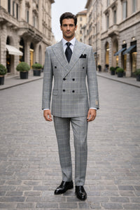 Suits With Baggy Pleated Pants - Wide Leg Pants 100% Wool - Classic Fit in Black and White Plaid Color by Rossiman