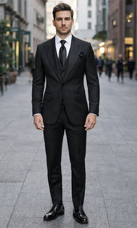 Suits With Baggy Pleated Pants - Wide Leg Pants 100% Wool - Classic Fit in Black Color by Rossiman