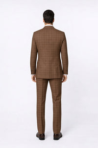 Suits With Baggy Pleated Pants - Wide Leg Pants 100% Wool - Classic Fit in Brown Plaid Color by Rossiman