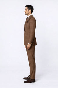 Suits With Baggy Pleated Pants - Wide Leg Pants 100% Wool - Classic Fit in Brown Plaid Color by Rossiman