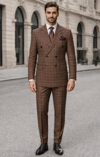 Suits With Baggy Pleated Pants - Wide Leg Pants 100% Wool - Classic Fit in Brown Plaid Color by Rossiman