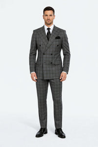 Suits With Baggy Pleated Pants - Wide Leg Pants 100% Wool - Classic Fit in Color Charcoal with Blue Plaid by Rossiman
