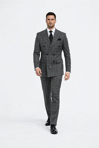Suits With Baggy Pleated Pants - Wide Leg Pants 100% Wool - Classic Fit in Color Charcoal with Blue Plaid by Rossiman