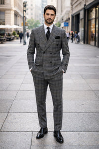 Suits With Baggy Pleated Pants - Wide Leg Pants 100% Wool - Classic Fit in Color Charcoal with Blue Plaid by Rossiman