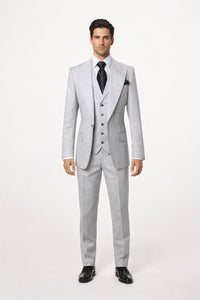 Suits With Baggy Pleated Pants - Wide Leg Pants 100% Wool - Classic Fit in Grey One Button 3 Piece Suit by Rossiman