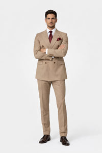 Suits With Baggy Pleated Pants - Wide Leg Pants 100% Wool - Classic Fit in Light Brown with Brown Pinstripe Color by Rossiman
