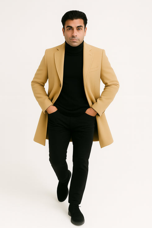 Great Gatsby Package -  Mens Camel Overcoat with Beige Tweed 3-Piece Suit Combo 4 Items Formal Winter Outfit