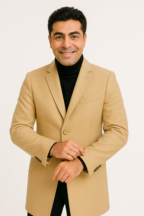 Mens Beige Wool Overcoat with Classic Notch Lapel and Single-Breasted Closure - Light Tan Sand Color