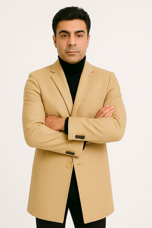 Mens Beige Wool Overcoat with Classic Notch Lapel and Single-Breasted Closure - Light Tan Sand Color