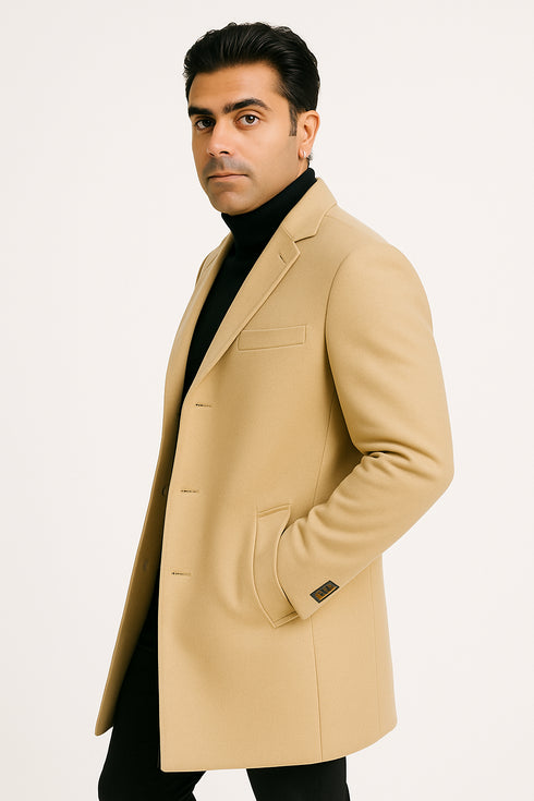Mens Beige Wool Overcoat with Classic Notch Lapel and Single-Breasted Closure - Light Tan Sand Color