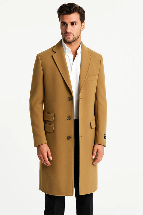 Mens Camel Full Length Wool Overcoat