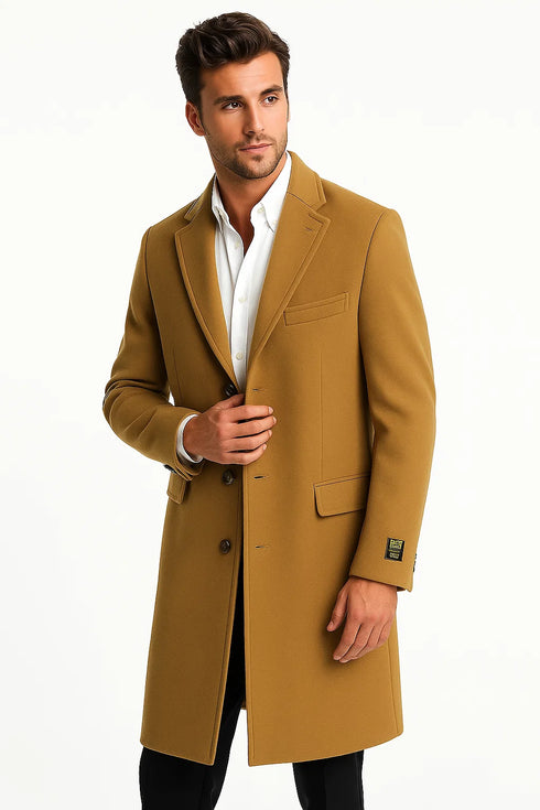 Mens Camel Full Length Wool Overcoat