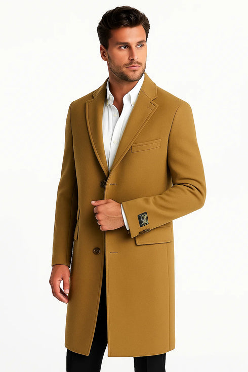 Mens Camel Full Length Wool Overcoat