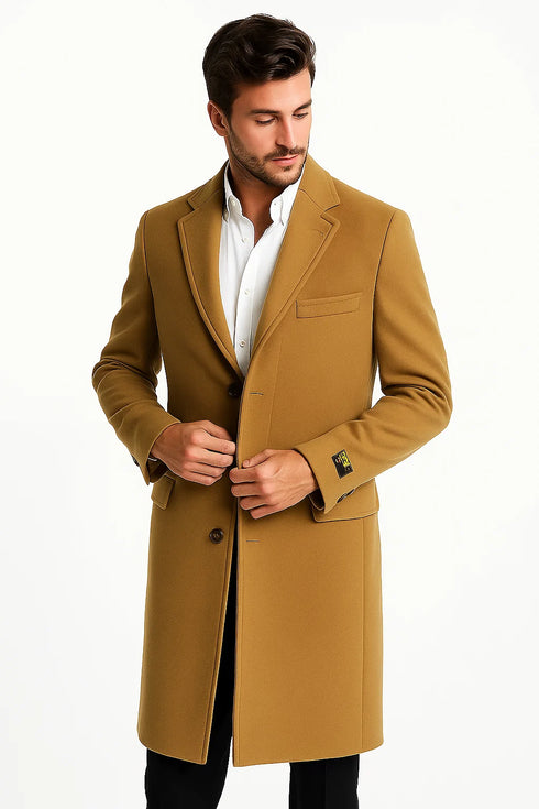 Mens Camel Full Length Wool Overcoat