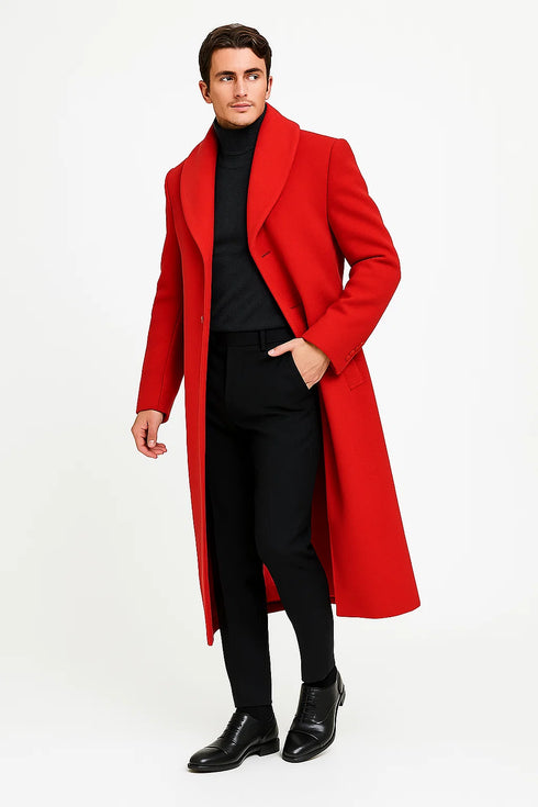 Mens Red full length wool overcoat -Full length Mens Topcoat - Full length coat