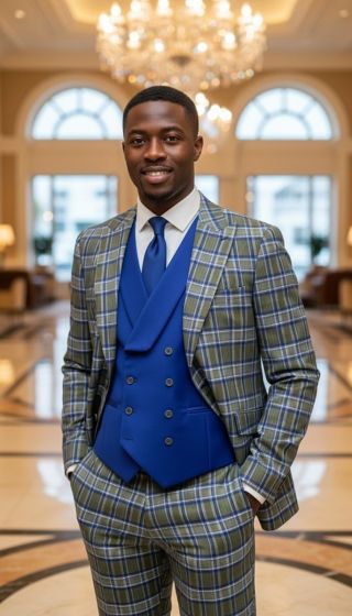 Statement Men's 3 Piece Plaid 100% Wool Modern Fit Suit - Double Breasted Vest