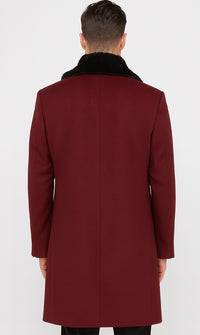 Ticket Pocket Designer Wool Peacoat Sale ~ Wool men's Car Coat Mid Length Three quarter length coat ~ Overcoat With Fur Collar Burgundy Long Jacket