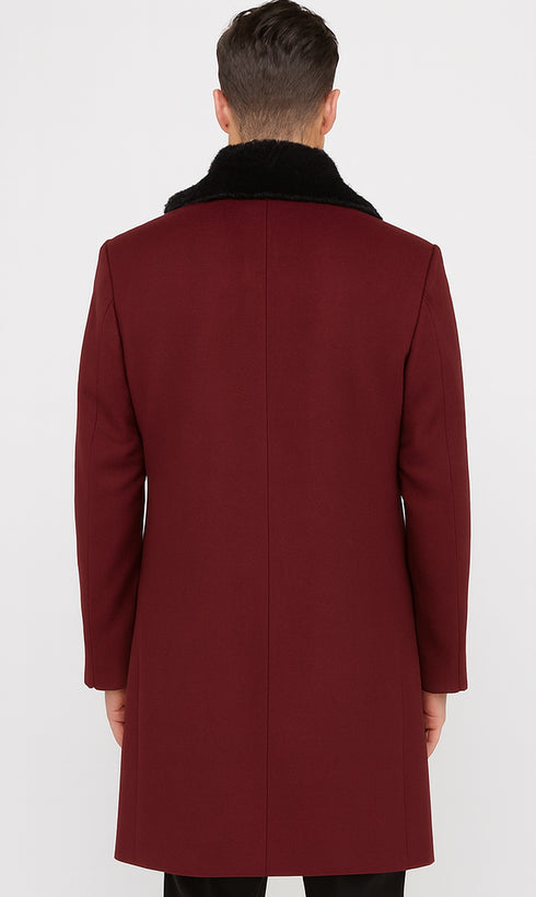 Ticket Pocket Designer Wool Peacoat Sale ~ Wool men's Car Coat Mid Length Three quarter length coat ~ Overcoat With Fur Collar Burgundy Long Jacket
