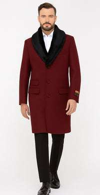 Ticket Pocket Designer Wool Peacoat Sale ~ Wool men's Car Coat Mid Length Three quarter length coat ~ Overcoat With Fur Collar Burgundy Long Jacket