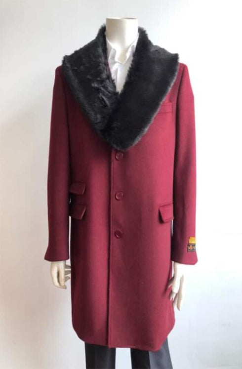 Ticket Pocket Designer Wool Peacoat Sale ~ Wool men's Car Coat Mid Length Three quarter length coat ~ Overcoat With Fur Collar Burgundy Long Jacket