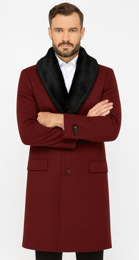Ticket Pocket Designer Wool Peacoat Sale ~ Wool men's Car Coat Mid Length Three quarter length coat ~ Overcoat With Fur Collar Burgundy Long Jacket