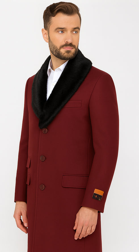 Ticket Pocket Designer Wool Peacoat Sale ~ Wool men's Car Coat Mid Length Three quarter length coat ~ Overcoat With Fur Collar Burgundy Long Jacket