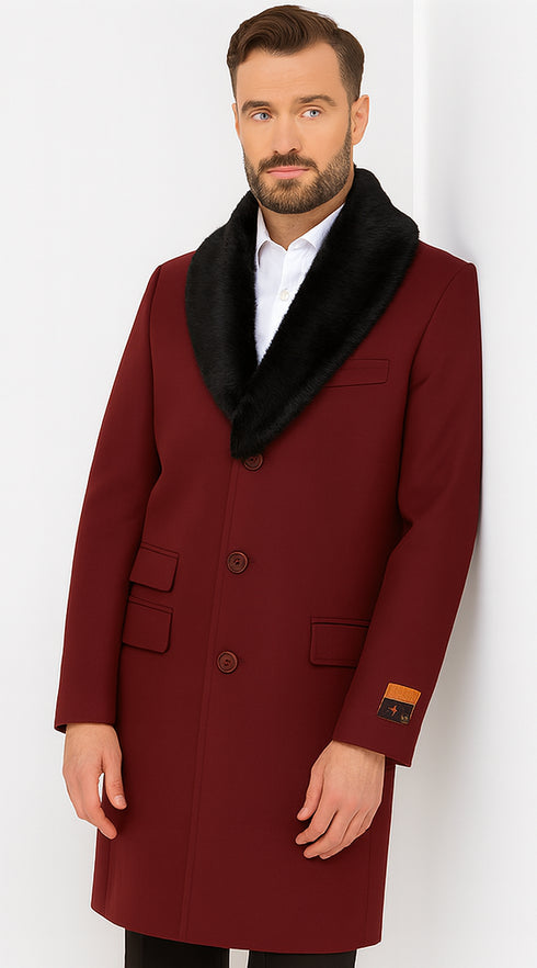 Ticket Pocket Designer Wool Peacoat Sale ~ Wool men's Car Coat Mid Length Three quarter length coat ~ Overcoat With Fur Collar Burgundy Long Jacket