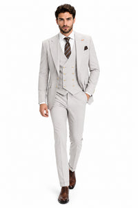 Men's Ash Statement Ticket Pocket Peak Lapel Wool Double Breasted Vest Suit with Gold Buttons – Modern Fit