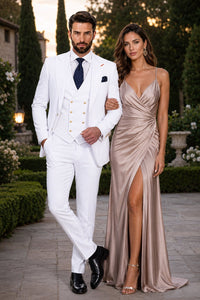 Men's White Statement Ticket Pocket Peak Lapel Wool Double Breasted Vest Suit with Gold Buttons – Modern Fit