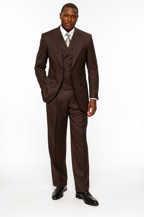 Tiglio Rosso Men’s Choclate Brown 3 Piece Suit –Double Breasted Vest with Classic 100% Wool Super 150's Fabric - Pleated Pants