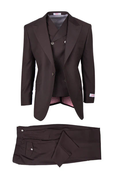Tiglio Rosso Men’s Choclate Brown 3 Piece Suit –Double Breasted Vest with Classic 100% Wool Super 150's Fabric - Pleated Pants