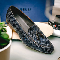 Zelli Tino Woven Calfskin Tassel Loafers | Italian Slip-On Shoes in Blue