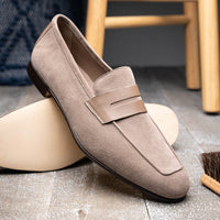 Zelli Tippa Suede and Calfskin Combination Penny Loafers in Taupe