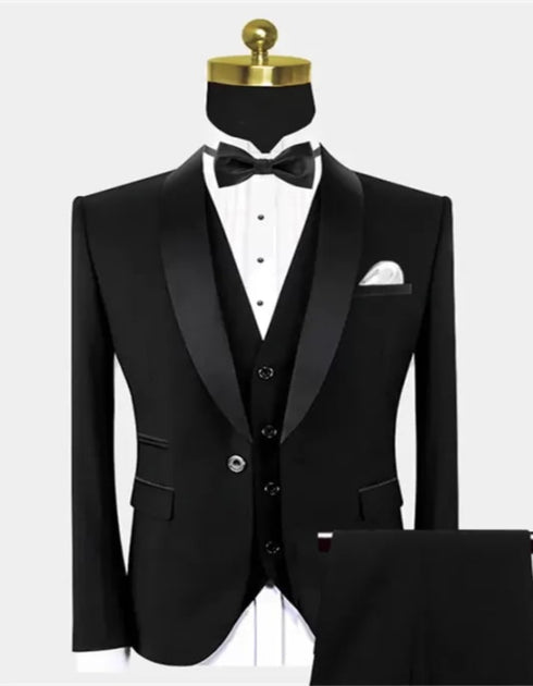 Traditional Black Suits for Groom Black Satin Shawl Lapel Wedding Tuxedo for Groomsmen - Vincent